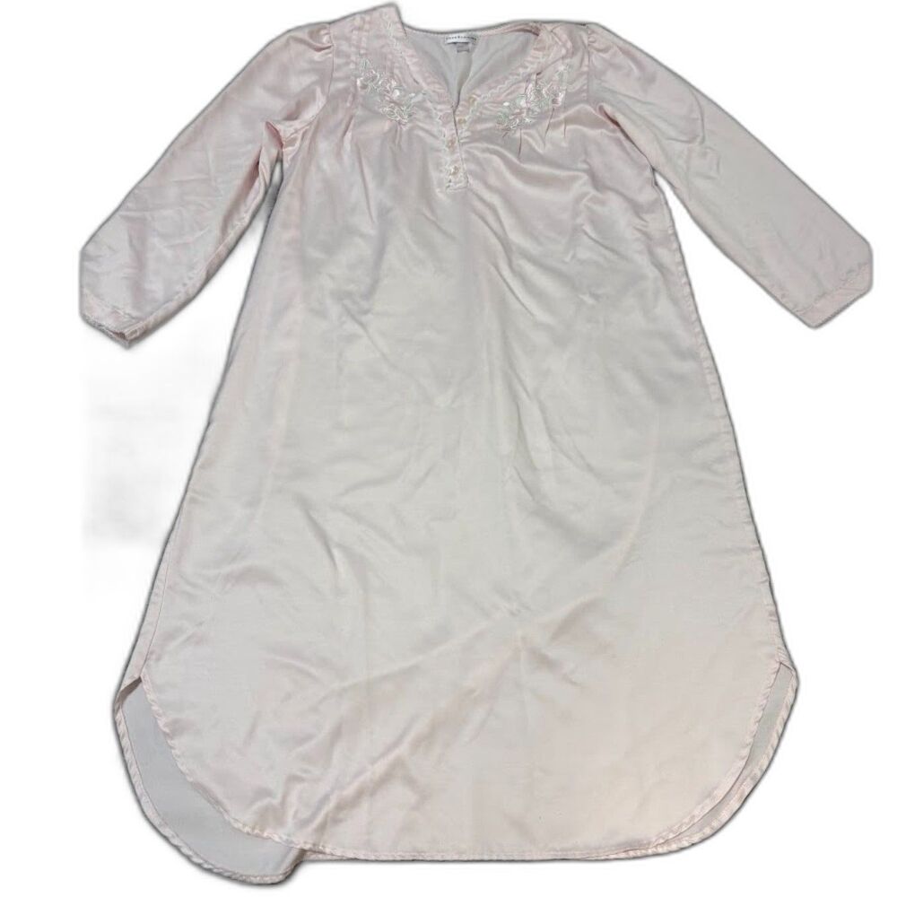 Vintage Miss Elaine Nightgown M Pink Satin Embroidered Neck Long Sleeve Lounge